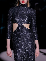 LOOK 10 Vestido NUIT | Vestido de fiesta largo bordado con azabaches y lentejuelas, cuello alto y aberturas laterales