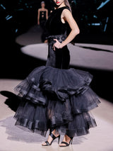 LOOK 12 Vestido NECTAR | Vestido de fiesta asimétrico en terciopelo y tul negro con cinturón bordado