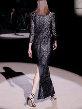 LOOK 14 Vestido NATALIE | Vestido de fiesta en organza de seda con motivos geométricos, cuello alto y manga larga