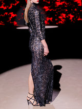 LOOK 17 Vestido NEWPORT | Vestido de fiesta recto en tul bordado con azabaches y lentejuelas, cuello alto y manga larga