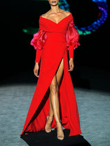 LOOK 1 HONORIS | Vestido de fiesta en crepe y organza geranio | HANNIBAL LAGUNA.