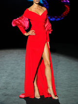 LOOK 1 HONORIS | Vestido de fiesta en crepe y organza geranio | HANNIBAL LAGUNA.