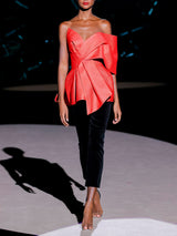 LOOK 20 Cuerpo NIKOS y pantalón NIDO | Conjunto de fiesta en mikado naranja y terciopelo negro con gran lazada