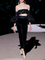 LOOK 23 Top NUBIA y pantalón NUI | Conjunto de fiesta bordado con mangas globo y pantalón capri de terciopelo negro