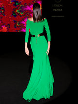 LOOK 25 Vestido KASARINI | Vestido de fiesta largo en crepe color esmeralda | HANNIBAL LAGUNA