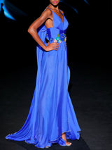 LOOK 25 Vestido MIRAVEL | Vestido de fiesta lencero en gasa azul royal con cinturón floral 3D y abertura frontal que revela culotte