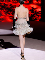 LOOK 26 Vestido NIKITA | Vestido de fiesta corto en organza natural plisada con gran flor y falda de volantes