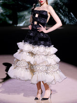 LOOK 28 Vestido NEPTUNO | Vestido de fiesta en terciopelo bordado con amplia falda de volantes de organza plisada