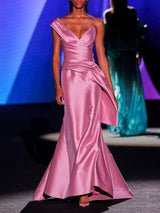 LOOK 30 Vestido MAJORIC | Vestido de fiesta en mikado rosa con escote palabra asimétrico en V y falda sirena con volante lateral