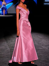 LOOK 30 Vestido MAJORIC | Vestido de fiesta en mikado rosa con escote palabra asimétrico en V y falda sirena con volante lateral