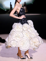 LOOK 32 Vestido NEFORA | Vestido de fiesta midi bordado con escote corazón y flores XXL de organza plisada