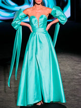 LOOK 36 Vestido MARIVENT & Mangas MISHA | Vestido de fiesta en mikado menta con cuerpo corsé y falda voluminosa con abertura