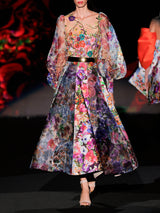 LOOK 39 Vestito KARONI | Vestito da festa in organza e raso stampato e ricamato con motivi floreali