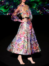 LOOK 39 Vestito KARONI | Vestito da festa in organza e raso stampato e ricamato con motivi floreali