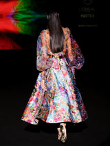 LOOK 39 KARONI Dress | Party dress in organza and satin printed and embroidered with floral motifs