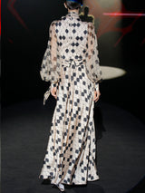 LOOK 3 IMPERIUS | Long satin party dress with harlequin print