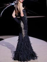 LOOK 3 Vestido NOBILE | Vestido de fiesta sirena bordado con azabaches, flecos y amplia falda de gasa de seda