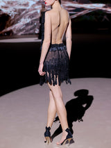 LOOK 4 Vestido NONINO | Vestido de fiesta corto en gasa de seda negra bordada, con escote en V y falda mini