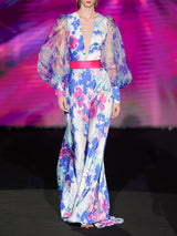 KLEO | Vestido de fiesta en satín y organza estampados con escote en V y mangas XL abullonadas | HANNIBAL LAGUNA