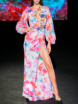 LOOK 5 Vestido MERIDIAN | Vestido de fiesta en satén estampado multicolor con escote en V bordado 3D y falda con abertura profunda