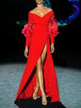 LOOK 1 HONORIS | Vestido de fiesta en crepe y organza geranio | HANNIBAL LAGUNA.