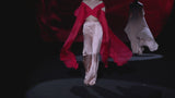 LOOK 27 JARDINETO Top and JAVIA Pants | Party top made of ruby-colored silk chiffon and Swarovski, and pants made of salmon-colored silk satin