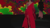 LOOK 24 KENDALAR Dress | Party dress in geranium-colored crepe with asymmetrical V-neckline
