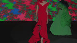 LOOK 22 Dress KATALIN | Party dress in geranium crepe with draped Liz neckline and long asymmetrical skirt