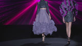 LOOK 36 Top Crop JILDI and JARAMIL Skirt | Body blouse made of pleated gauze, cyclamen, amethyst, and black. Mini skirt made with boreal embroidery in navy blue (copy)