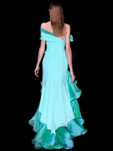 Vestido largo de fiesta realizado en crepe y organza de seda verde menta de Hannibal Laguna