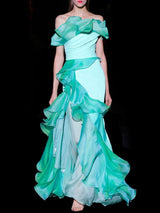 Vestido largo de fiesta realizado en crepe y organza de seda verde menta de Hannibal Laguna