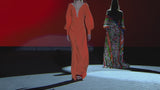LOOK 30 FELINI | Orange crepe party dress with V-neckline and flared skirt