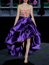 Vestido de fiesta en mikado violeta y tul bordado floral de Hannibal Laguna.
