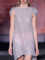 Vestido tipo A en organza bordada con cristales plata y mini mangas bordadas de Hannibal Laguna