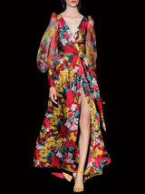 Vestido satín estampado floral y mangas bomber de Hannibal Laguna