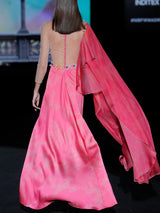 Vestido de fiesta en satín estampado floral y gasa color pomelo con cuerpo bordado de Hannibal Laguna