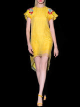 Vestido corto en garza bordada color maiz de Hannibal Laguna