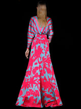 Blusa en satín rayas y Falda satín cereza y azul  de Hannibal Laguna.