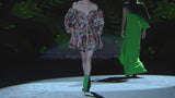 LOOK 21 FANELI | Psychedelic printed satin party dress with bulbous skirt