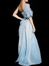 Vestido largo satín estampado manga de volantes en gasa de Hannibal Laguna.