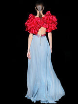 Bolero joya con volantes organza seda cereza. Bustier joya tul y pantalon capri pitillo de Hannibal Laguna.