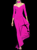 Vestido largo de fiesta en crepe morado con escote liz y falda sirena con recogido de Hannibal Laguna