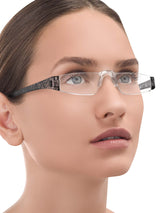 a woman wearing glasses and a glasses and glasses