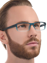 a close up of a person wearing glasses