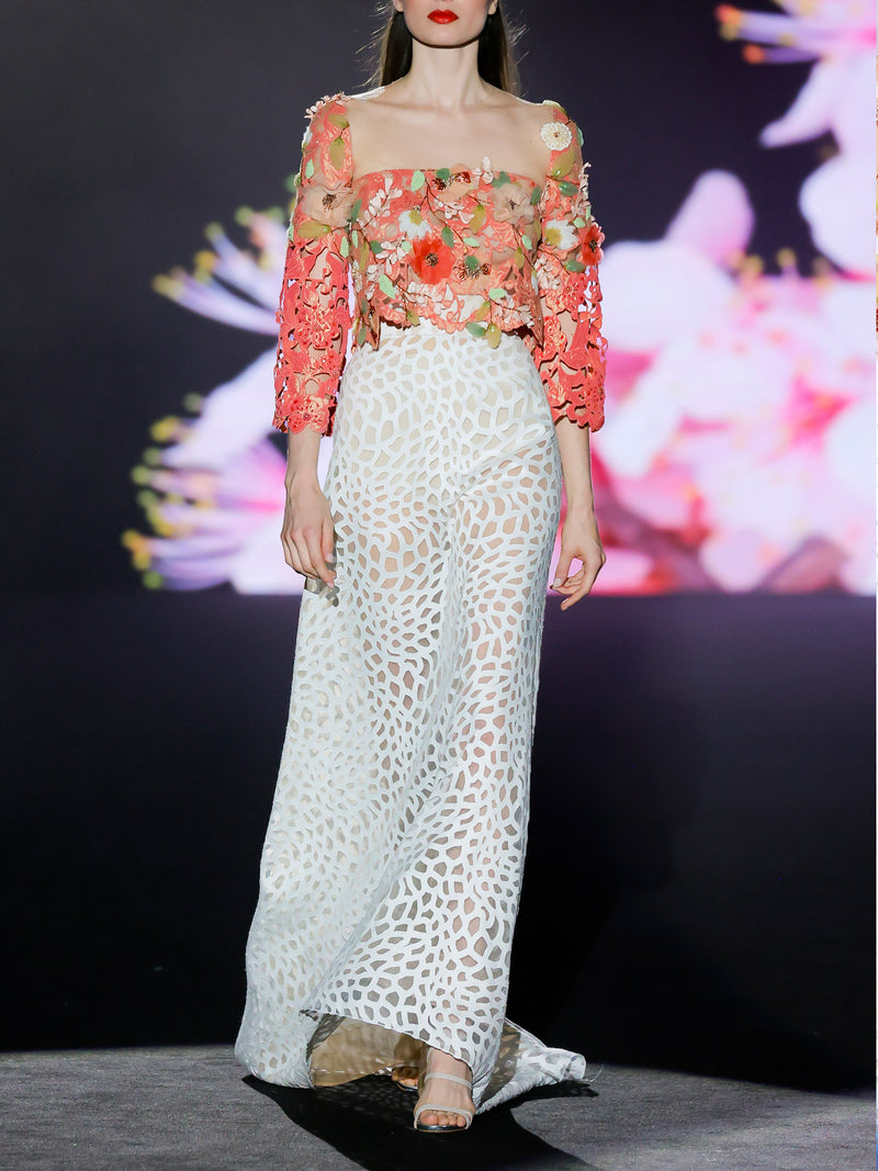 LOOK 1 INFINITY | Long printed chiffon dress with asymmetrical neckline