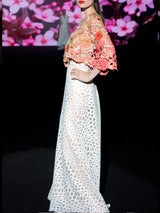 LOOK 1 INFINITY | Long printed chiffon dress with asymmetrical neckline