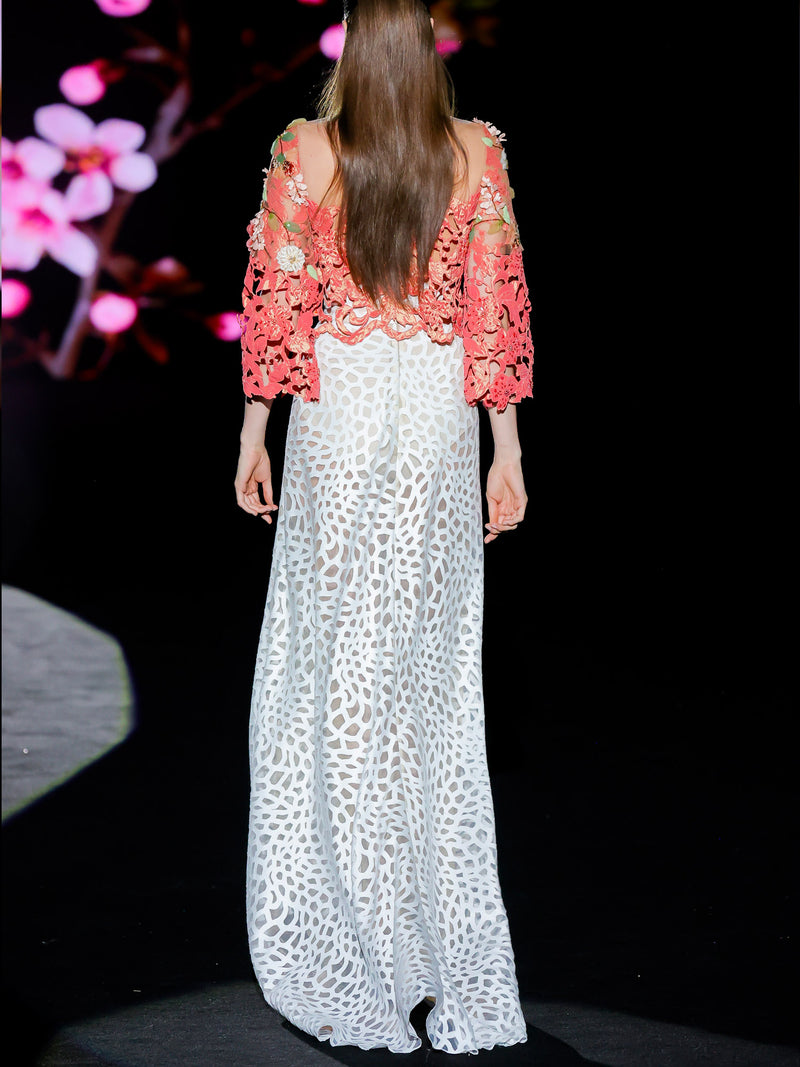 LOOK 1 INFINITY | Long printed chiffon dress with asymmetrical neckline