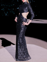 LOOK 10 Vestido NUIT | Vestido de fiesta largo bordado con azabaches y lentejuelas, cuello alto y aberturas laterales
