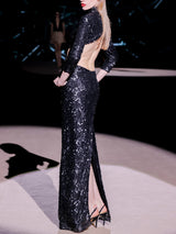 LOOK 10 Vestido NUIT | Vestido de fiesta largo bordado con azabaches y lentejuelas, cuello alto y aberturas laterales