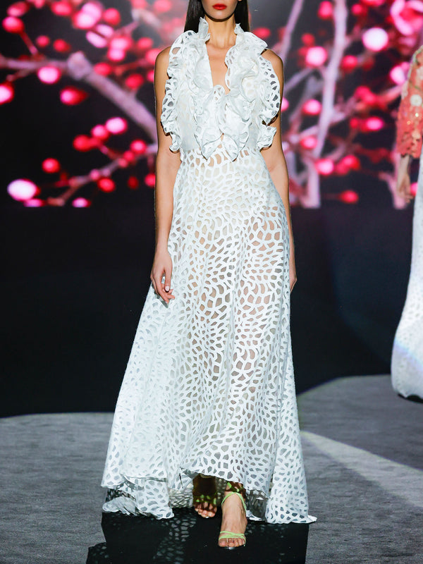 LOOK 11 Vestido LEOPARD | Vestido de fiesta en organza devoré estampada con escote en V y falda con vuelo